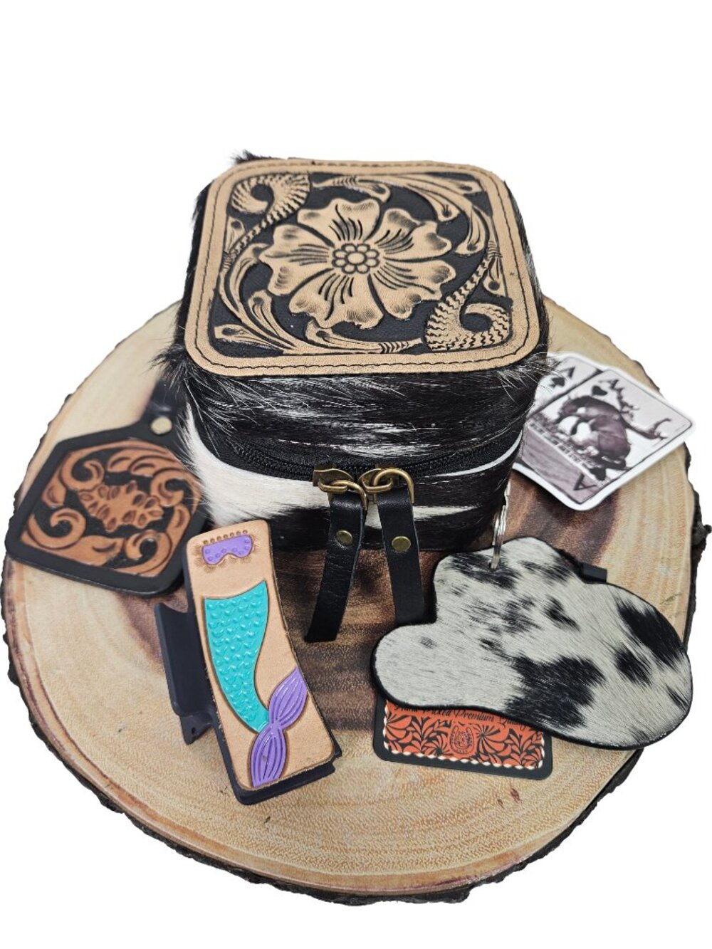 New Tooled Leather Jewelry Box Claw Hair Clip Keychain Accessory Bundle